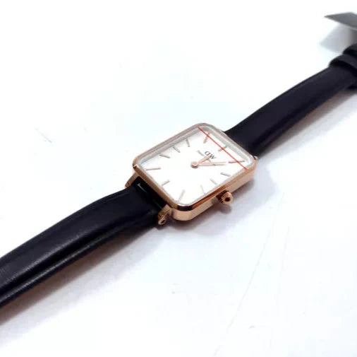 Daniel Wellington Quadro White Dial Black Leather Strap Watch For Women - DW00100434