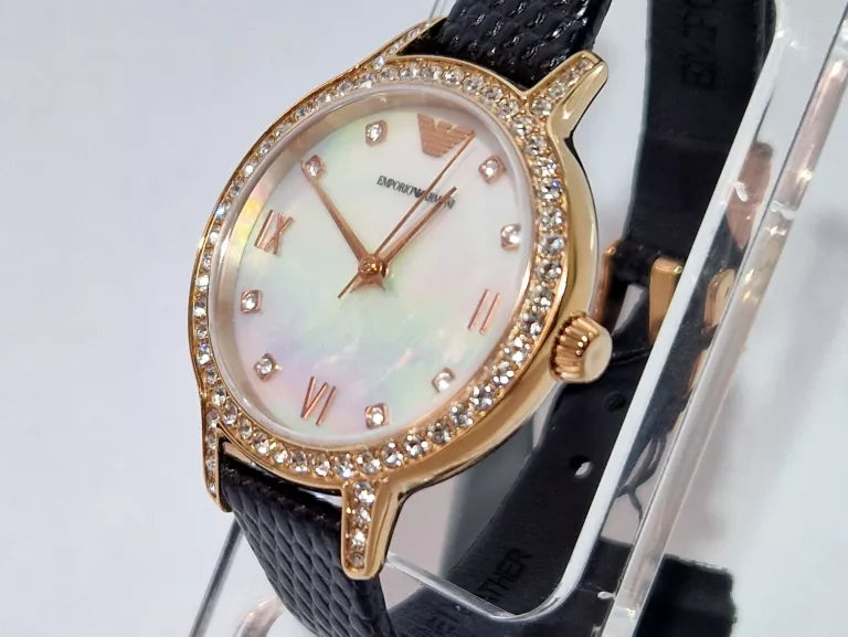 Emporio Armani Cleo Three-Hand Mother of Pearl Dial Black Leather Strap Watch For Women - AR11485