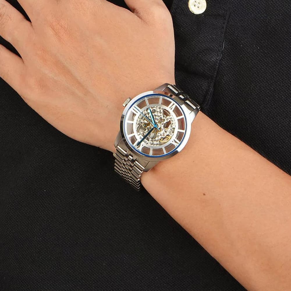 Fossil Townsman Automatic Skeleton Blue Dial Silver Steel Strap Watch for Men - ME3073