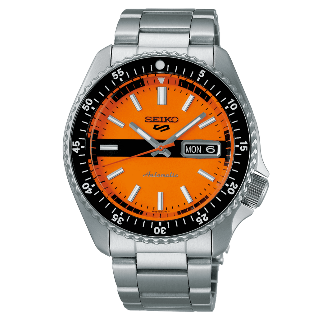 Seiko 5 Sports Double Hurricane Retro Orange Dial Silver Steel Strap Watch For Men - SRPK11K1