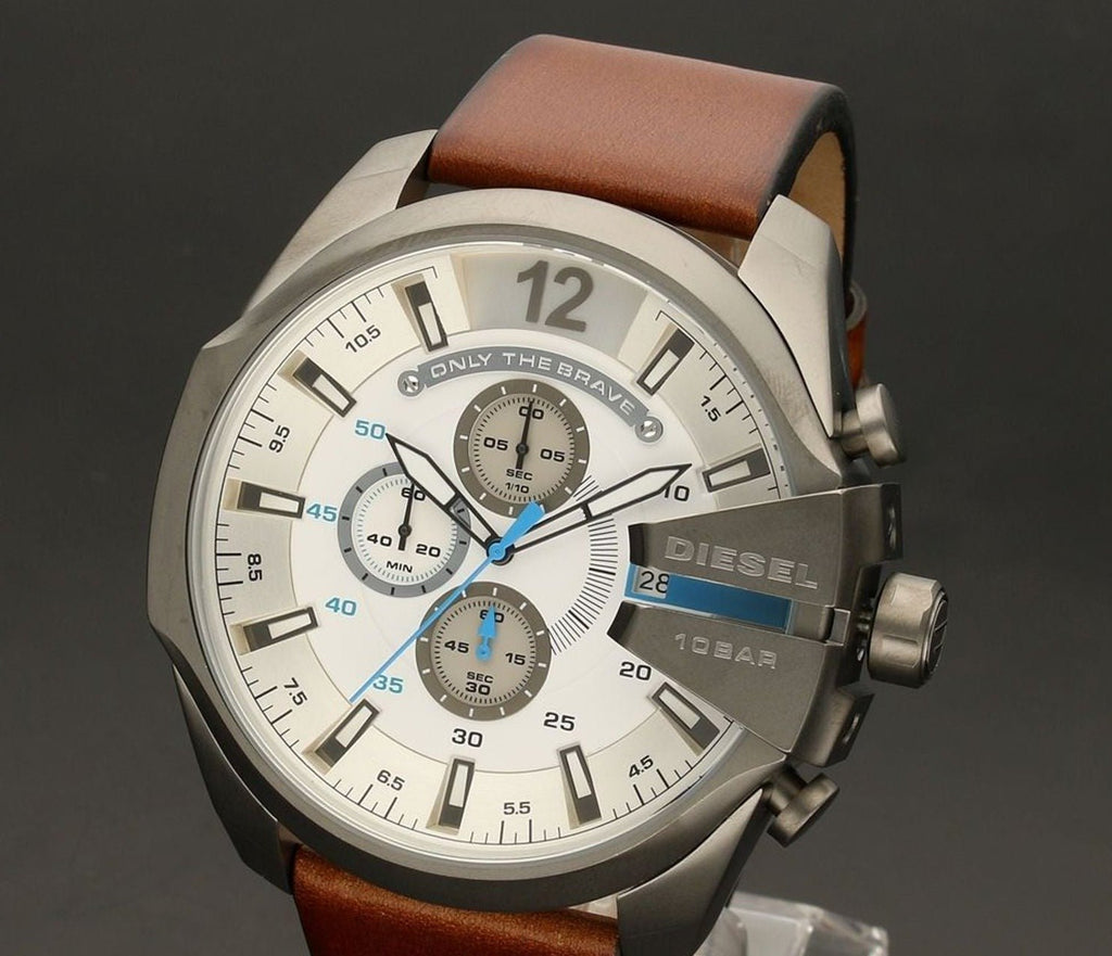 Diesel Mega Chief Chronograph White Dial Brown Leather Strap Watch For Men - DZ4280