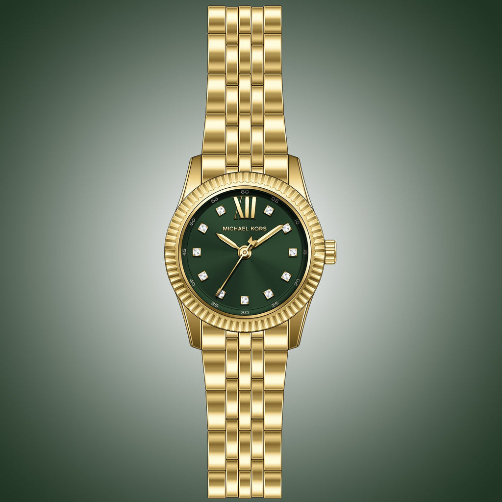 Michael Kors Lexington Pave Three-Hand Green Dial Gold Steel Strap Watch for Women - MK4842