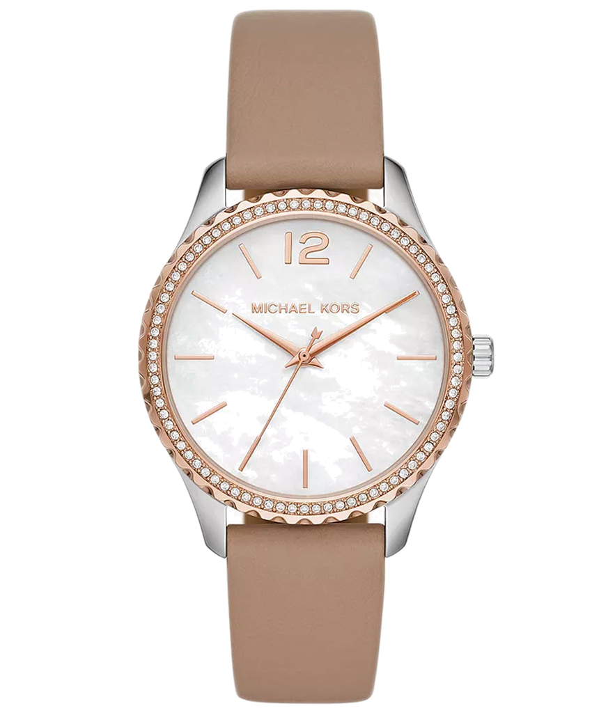 Michael Kors Layton Mother of Pearl White Dial Brown Leather Strap Watch For Women - MK2910