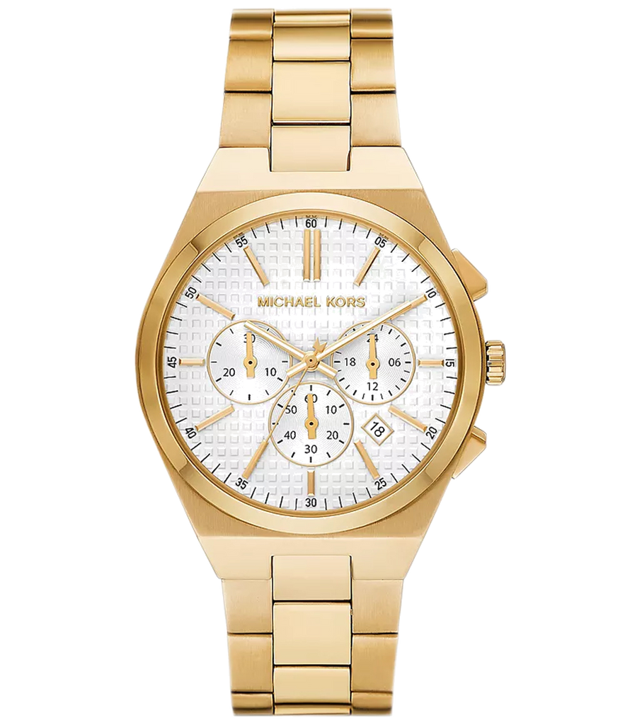 Michael Kors Lennox Chronograph White Dial Gold Steel Strap Watch For Men - MK9120