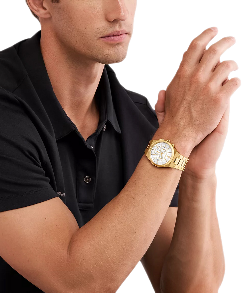 Michael Kors Lennox Chronograph White Dial Gold Steel Strap Watch For Men - MK9120