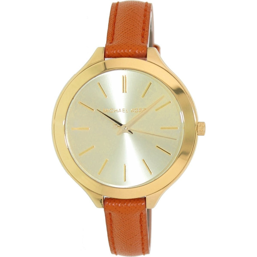Michael Kors Runway Quartz Gold Dial Orange Leather Strap Watch For Women - MK2275