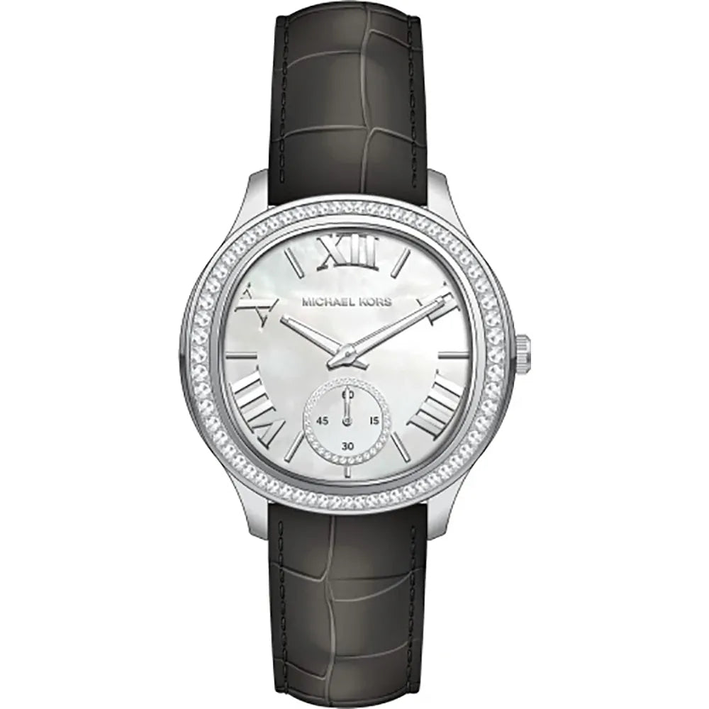 Michael Kors Sage Three-Hand Mother of Pearl White Dial Black Leather Strap Watch for Women - MK4821