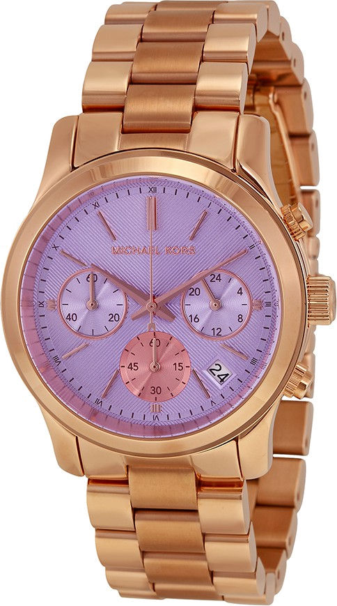 Michael Kors Runway Chronograph Purple Dial Rose Gold Steel Strap Watch For Women - MK6163