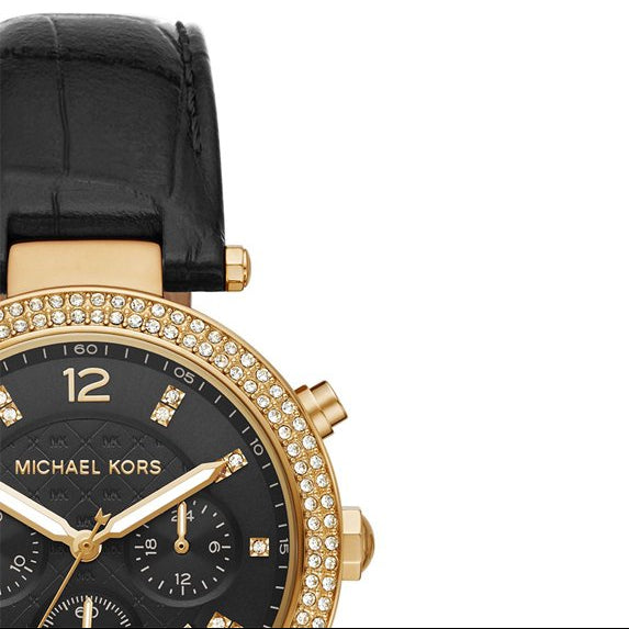 Michael Kors Parker Chronograph Black Dial Black Leather Strap Watch For Women - MK6984