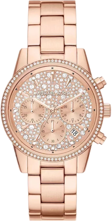Michael Kors Ritz Chronograph Rose Gold Dial Rose Gold Steel Strap Watch For Women - MK7302
