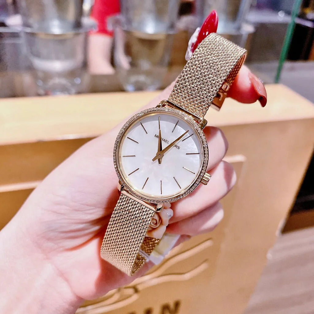 Michael Kors Pyper Quartz Mother of Pearl White Dial Rose Gold Mesh Strap Watch For Women - MK4588