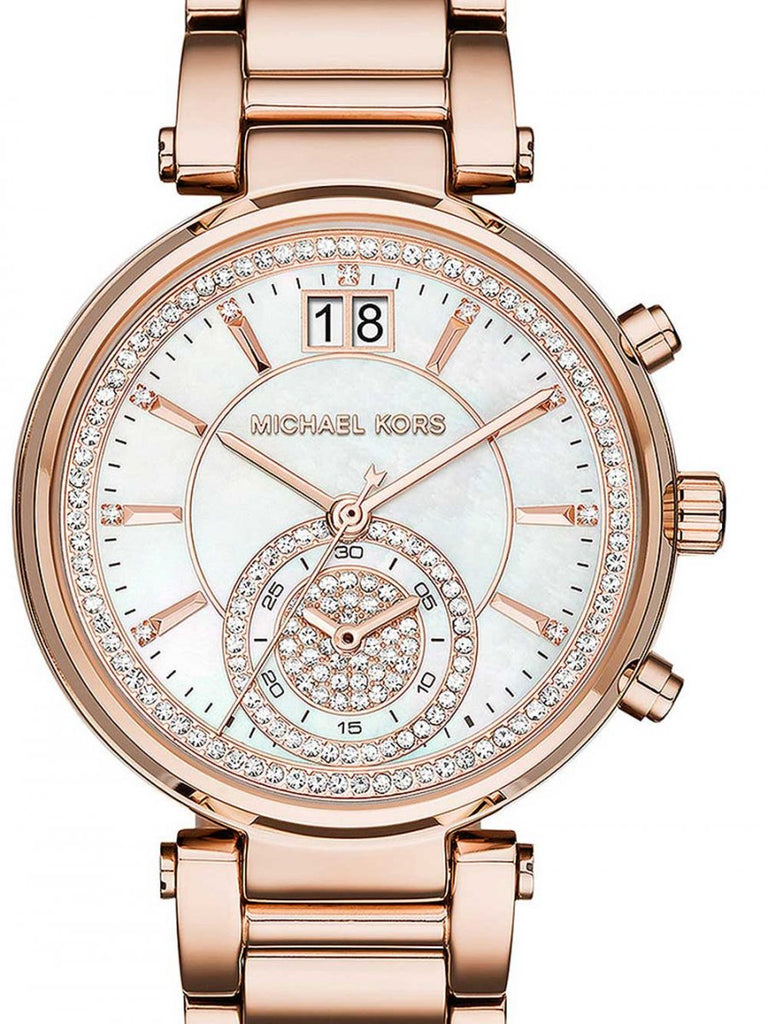 Michael Kors Sawyer Mother of Pearl White Dial Rose Gold Steel Strap Watch for Women - MK6282