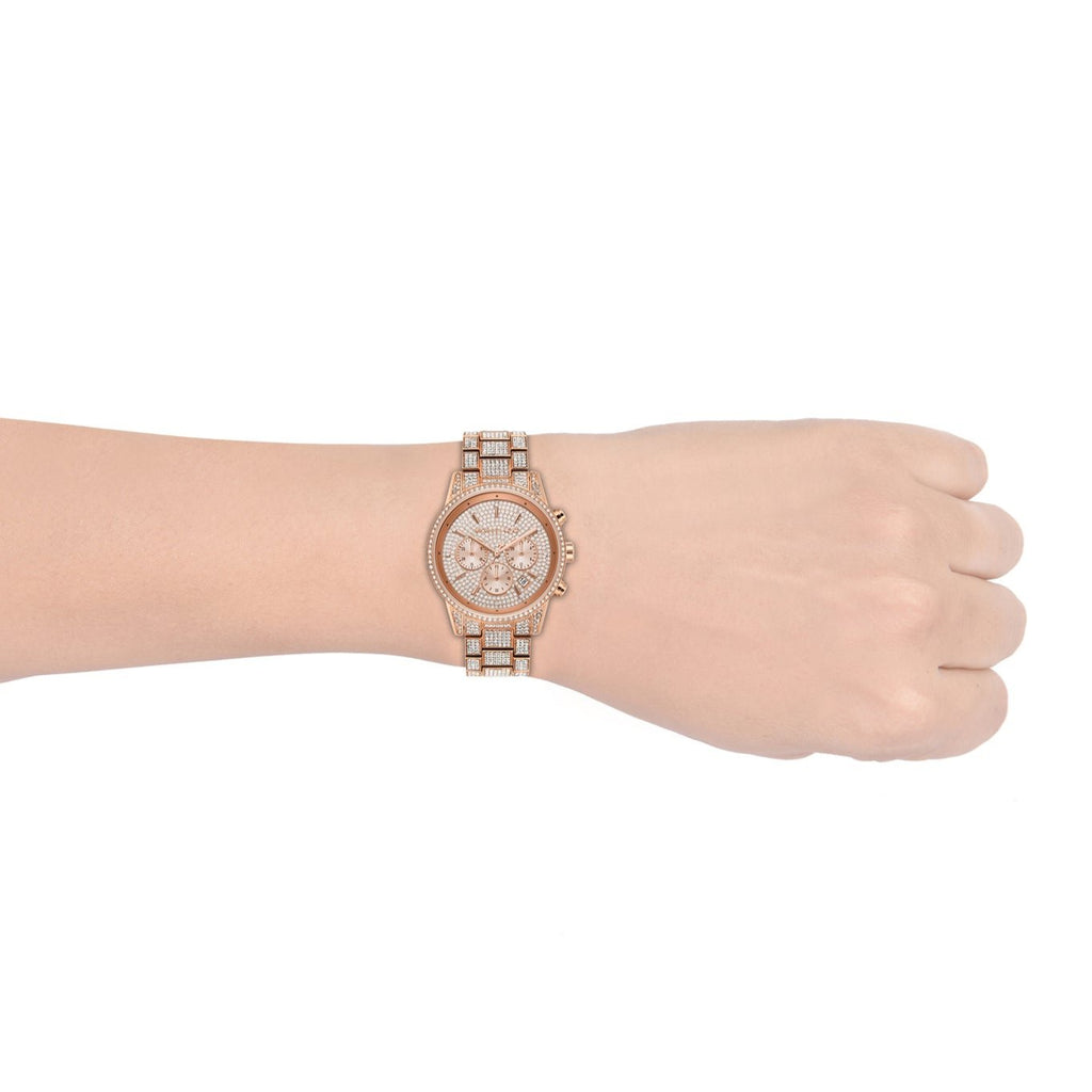 Michael Kors Ritz Three-Hand Glitz Rose Gold Dial Rose Gold Steel Strap Watch for Women - MK6748