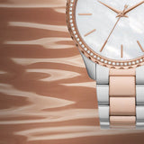 Michael Kors Layton Three Hand Mother of Pearl White Dial Two Tone Steel Strap Watch For Women - MK6849