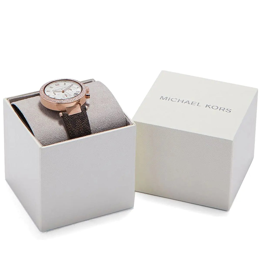 Michael Kors Parker Chronograph White Dial Brown Leather Strap Watch For Women - MK6917
