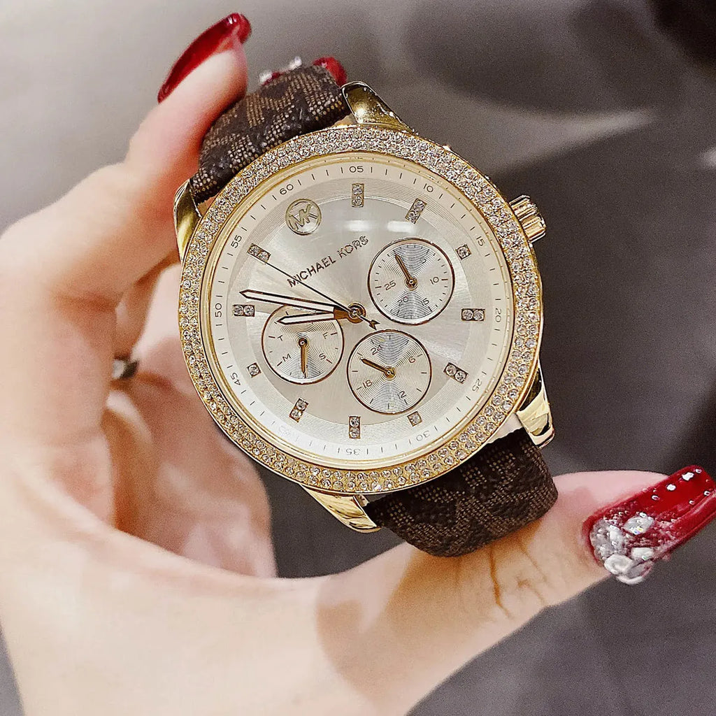 Michael Kors Tibby Multifunction Gold Dial Brown Leather Strap Watch For Women - MK6966