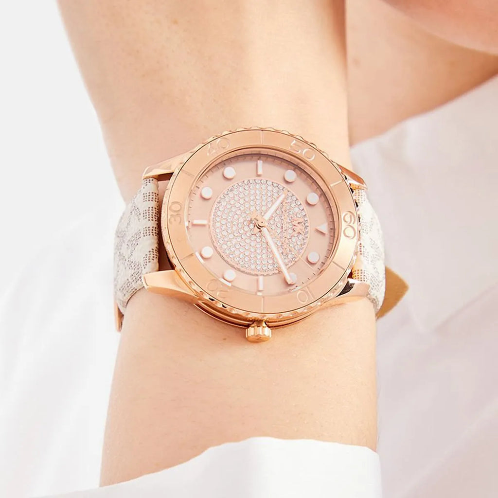 Michael Kors Runway Quartz Rose Gold Dial White Leather Strap Watch For Women - MK6980