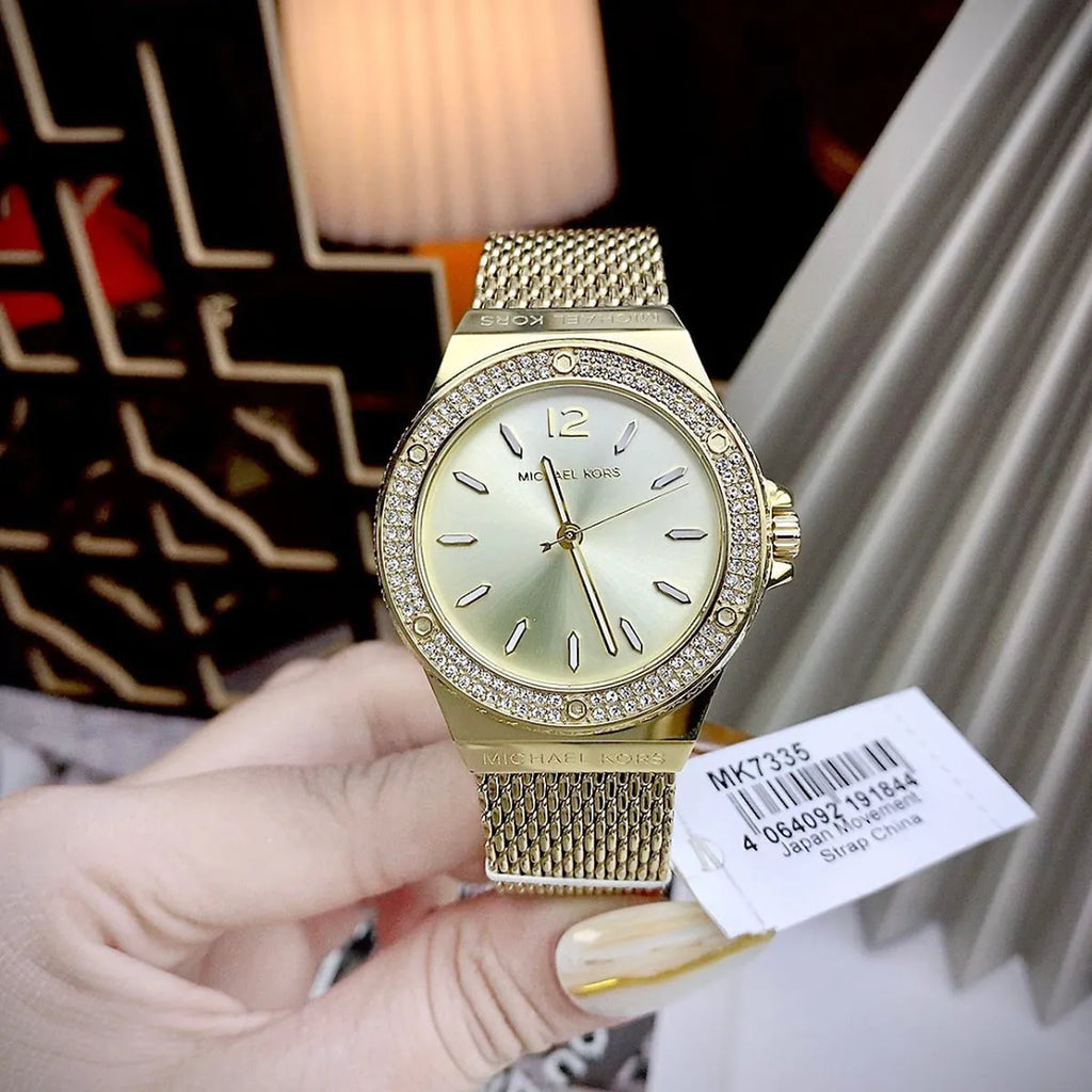 Michael Kors Lennox Three-Hand Gold Dial Gold Mesh Bracelet Watch For Women - MK7335
