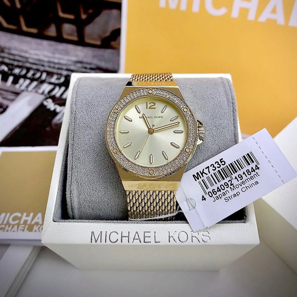 Michael Kors Lennox Three-Hand Gold Dial Gold Mesh Bracelet Watch For Women - MK7335
