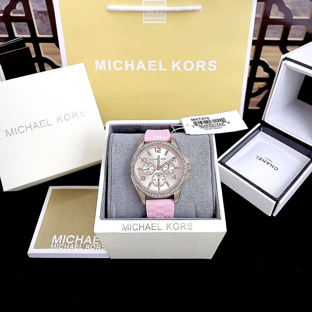 Michael Kors Mini Pilot Quartz Rose Gold Dial Pink Silicone Strap Watch For Women - MK7375