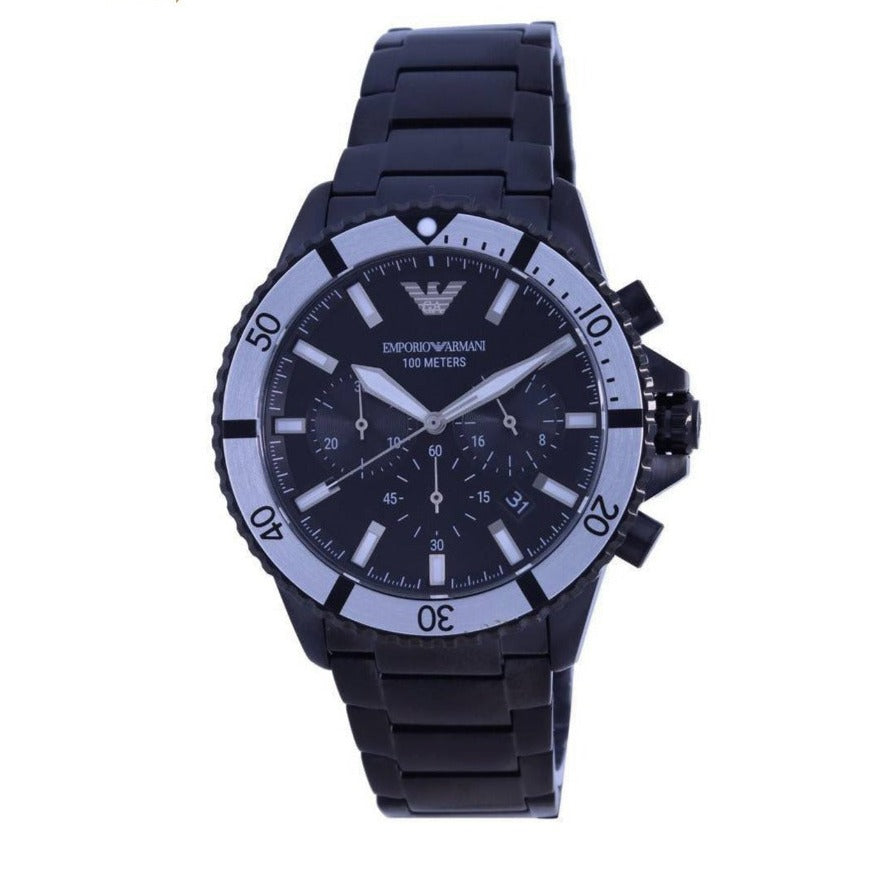 Emporio Armani Diver Chronograph Black Dial Black Steel Strap Watch For Men - AR80050