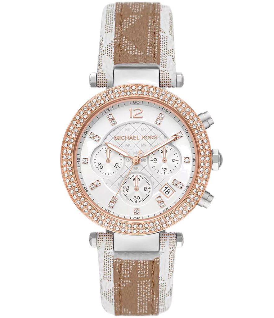 Michael Kors Parker Chronograph White Dial Two Tone Leather Strap Watch For Women - MK6950