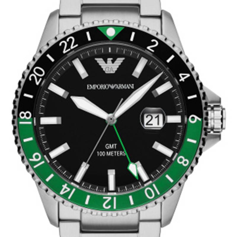 Emporio Armani Sea Explorer GMT Quartz Black Dial Silver Steel Strap Watch For Men - AR11589