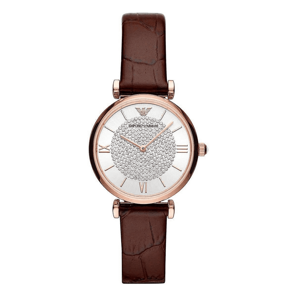 Emporio Armani Gianni T-Bar Silver Dial Brown Leather Strap Watch For Women - AR11269
