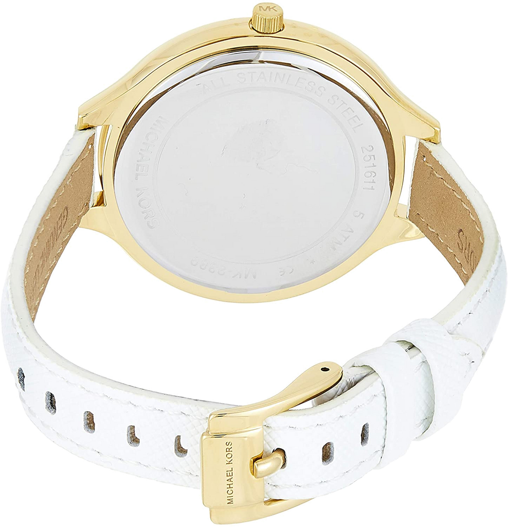 Michael Kors Slim Runway Quartz Gold Dial White Leather Strap Watch For Women - MK2389