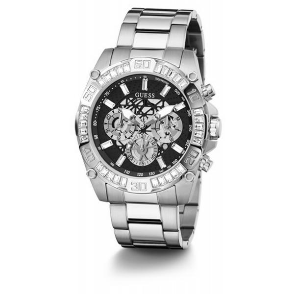 Guess Trophy Chronograph Diamonds Black Dial Silver Steel Strap Watch for Men - GW0390G1