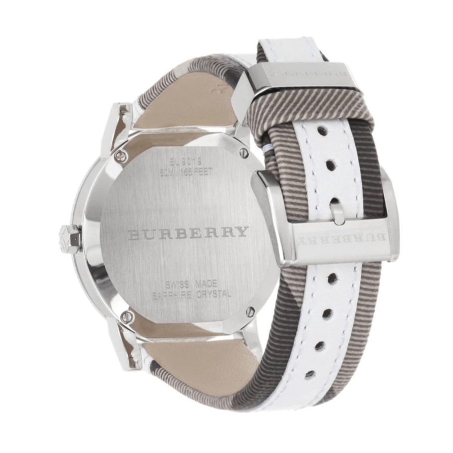 Burberry The City Silver Dial White Leather Strap Watch for Women - BU9019