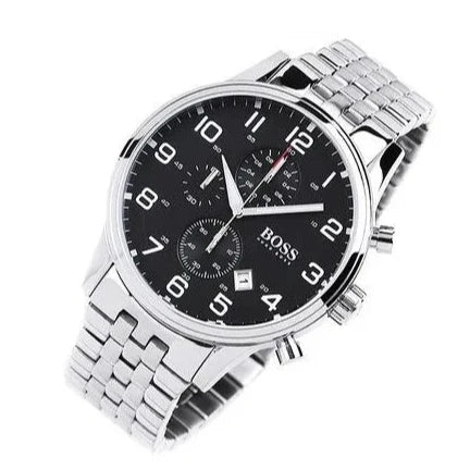 Hugo Boss Aeroliner Chronograph Black Dial Silver Steel Strap Watch For Men - 1512446