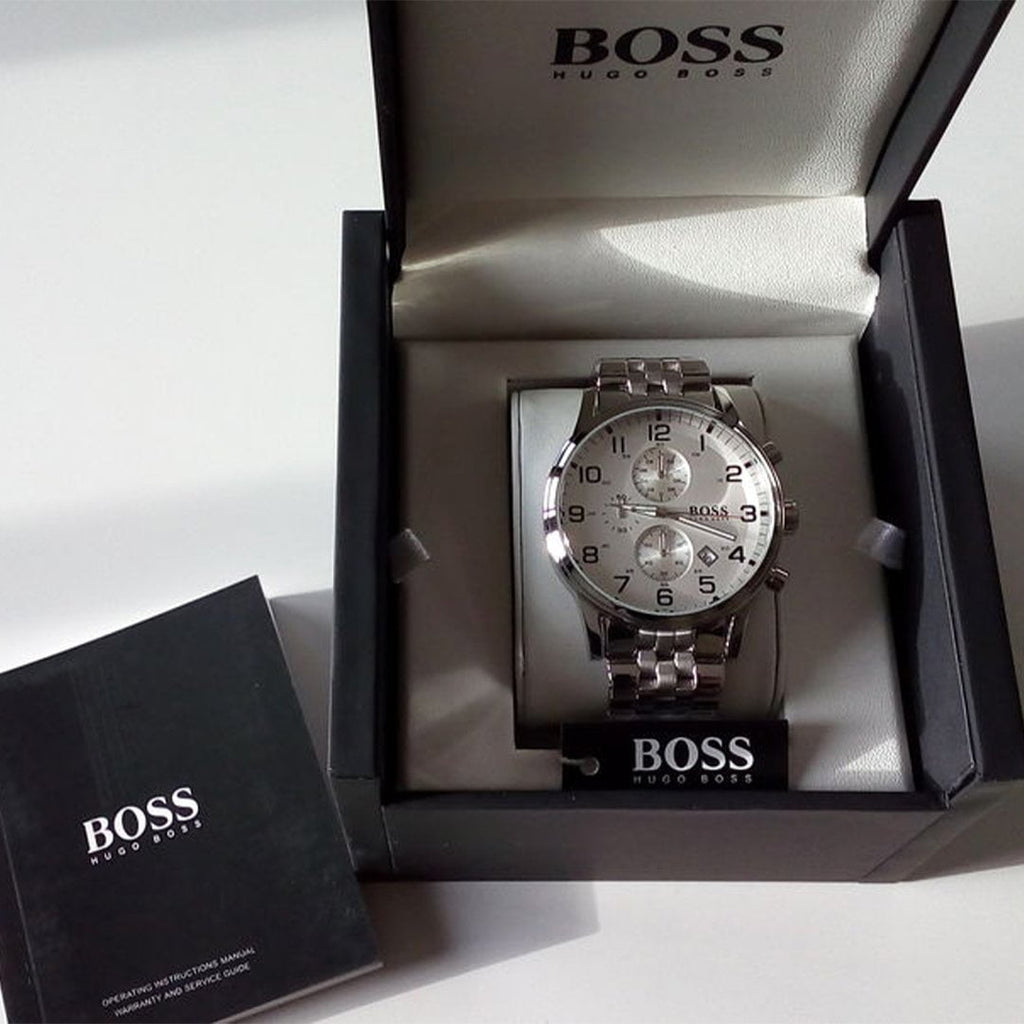 Hugo Boss Aeroliner Chronograph White Dial Silver Steel Strap Watch For Men - 1512445