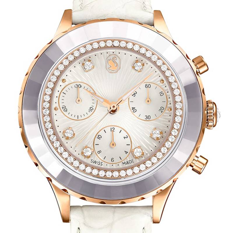 Swarovski Octea Chrono Crystals White Dial White Leather Strap Watch for Women - 5671150