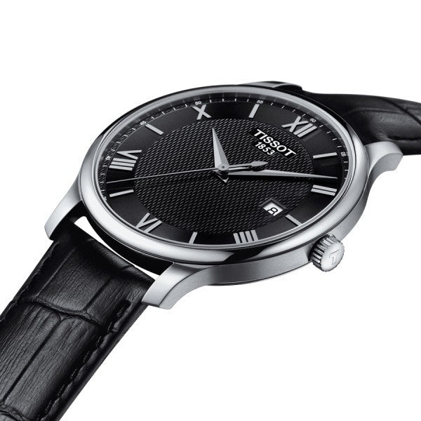 Tissot T Classic Tradition Quartz Black Dial Black Leather Strap Watch For Men - T063.610.16.058.00