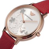 Emporio Armani Kappa Classic Quartz Silver Dial Red Leather Strap Watch For Women - AR11114