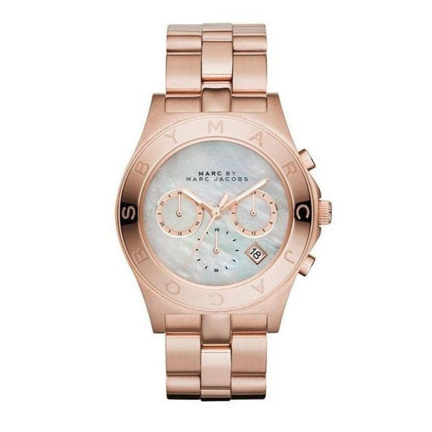 Marc Jacobs Blade Chronograph Mother of Pearl White Dial Rose Gold Steel Strap Watch for Women - MBM8637