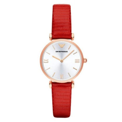Emporio Armani Gianni T Bar Silver Dial Red Leather Strap Watch For Women - AR1876