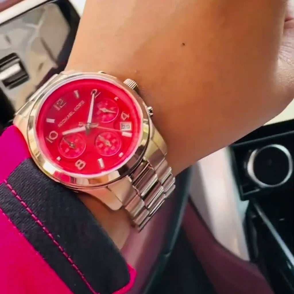 Michael Kors Runway Chronograph Pink Dial Rose Gold Steel Strap Watch For Women - MK7352