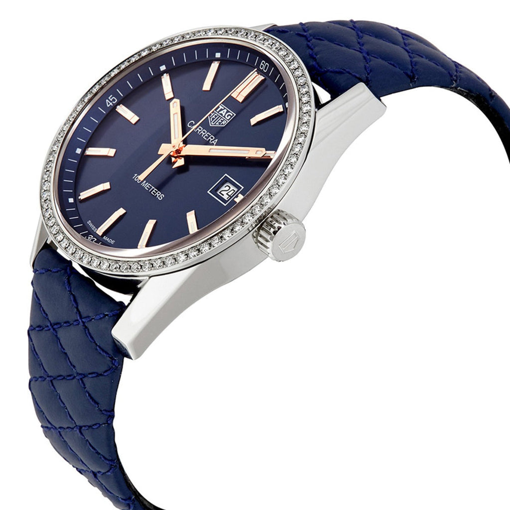 Tag Heuer Carrera Quartz Diamonds Blue Dial Blue Leather Strap Watch for Women - WAR1114.FC6391