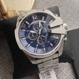 Diesel Mega Chief Chronograph Blue Dial Silver Steel Strap Watch For Men - DZ4417