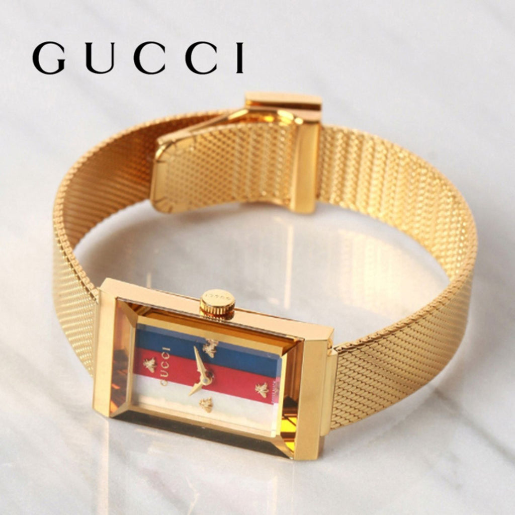 Gucci G-Frame Mother of Pearl Dial Yellow Gold Mesh Bracelet Watch For Women - YA147410