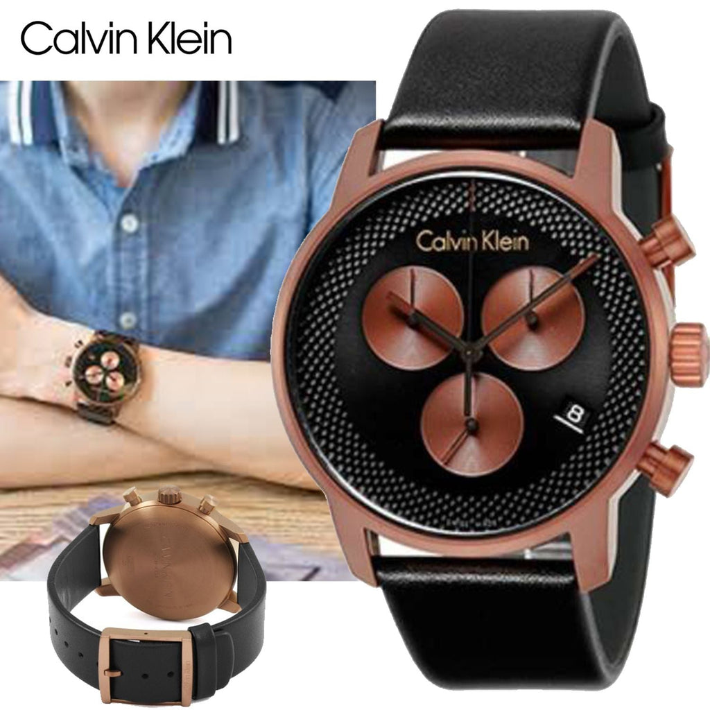Calvin Klein City Chronograph Black Dial Black Leather Strap Watch for Men - K2G17TC1