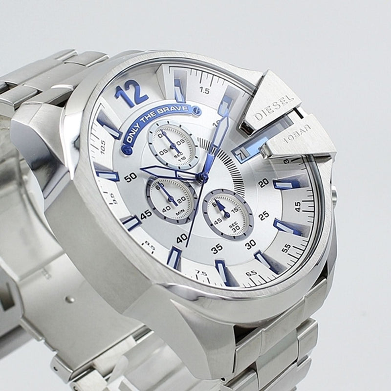 Diesel Mega Chief Chronograph White Dial Silver Steel Strap Watch For Men - DZ4477