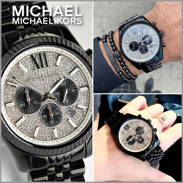 Michael Kors Lexington Chronograph Crystals Silver Dial Black Steel Strap Watch for Men - MK8605