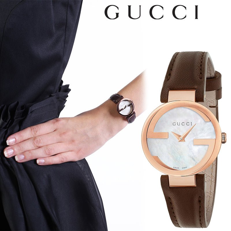 Gucci G Interlocking Mother of Pearl Dial Brown Leather Strap Watch For Women - YA133516