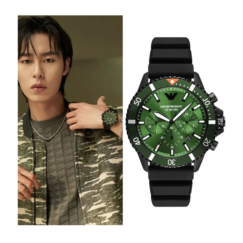 Emporio Armani Diver Chronograph Quartz Green Dial Black Silicon Strap Watch For Men - AR11463