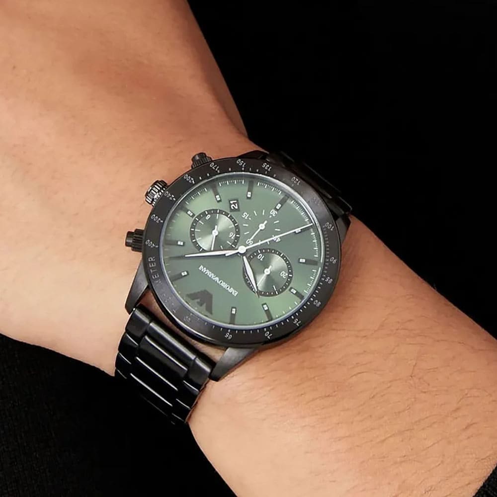 Emporio Armani Mario Chronograph Green Dial Black Steel Strap Watch For Men - AR11472