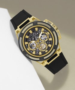 Guess Matrix Multifunction Gold Dial Black Rubber Strap Watch For Men - GW0423G2