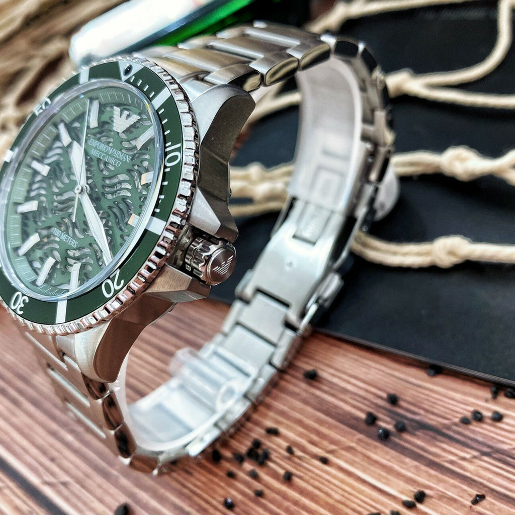 Emporio Armani Diver Automatic Green Dial Silver Steel Strap Watch For Men - AR60061